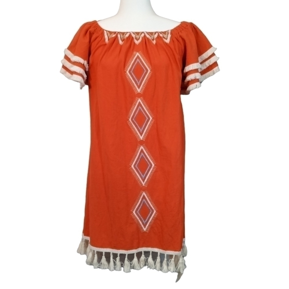 L'ATISTE boho embroidered, off- shoulder tribal, belted, tassel dress Size- Med. - Picture 2 of 16